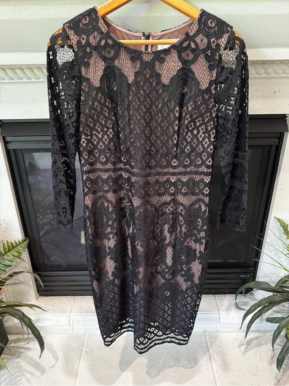 Erin Fetherston Black Lace Long Sleeve Dress with Nude Lining